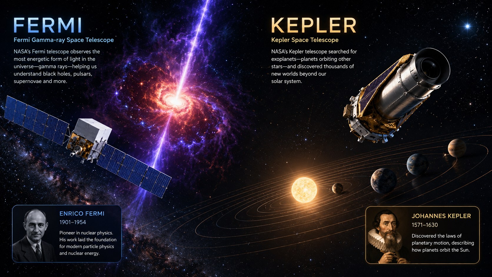 Blog post cover image featuring the scientists Fermi and Kepler